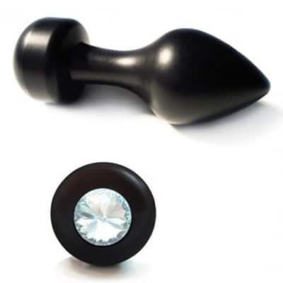 Master Series black Petite Spade butt plug with clear jeweled base