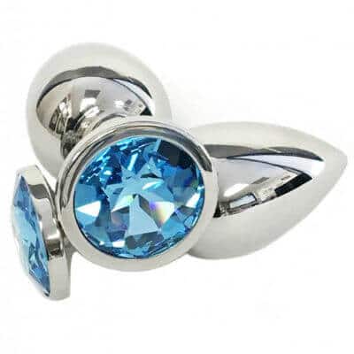 Large HAKA stainless steel princess plug with aqua blue gem
