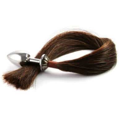 Rosebuds stainless steel horse tail butt plug with genuine brown horse hair
