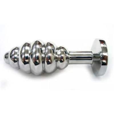 Large stainless steel Rouge Threaded butt plug, side view
