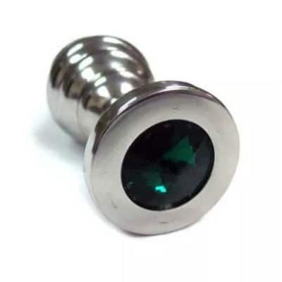 Rouge threaded steel butt plug medium with green gem