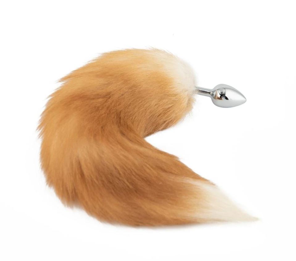 Brown fox tail butt plug with stainless steel plug