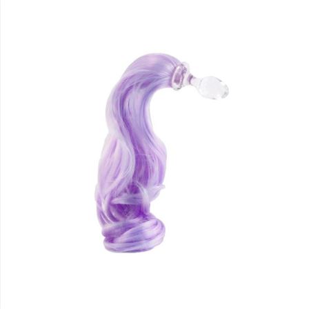 Crystal Delights glass butt plug with purple pony tail
